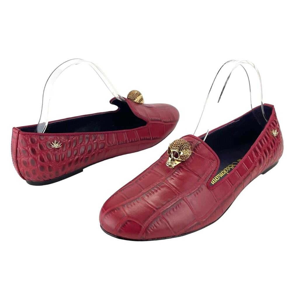 Karen Beckmann RARE Jeweled Skull Flat/Loafer Sz 9/39 Red Alligator Leather New